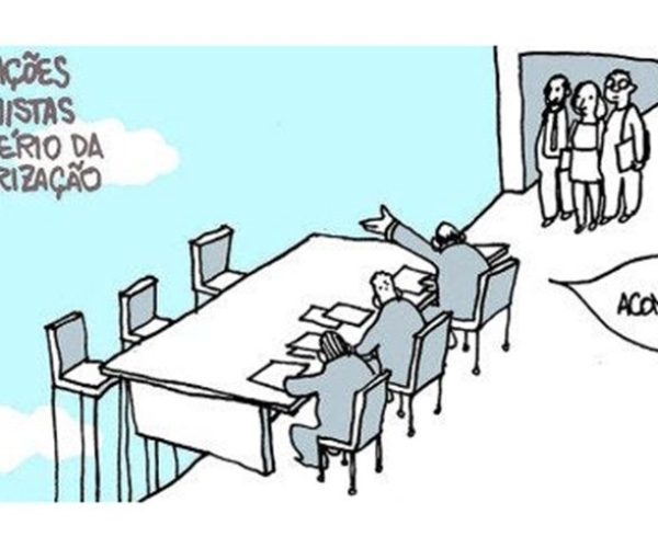 Charge de Laerte mostrando, segundo a visão da cartunista, uma realidade da atual negociação trabalhista. Ilustração foi usada por ministra do TST para falar de um período que chamou de 'desconstrução' do Direito